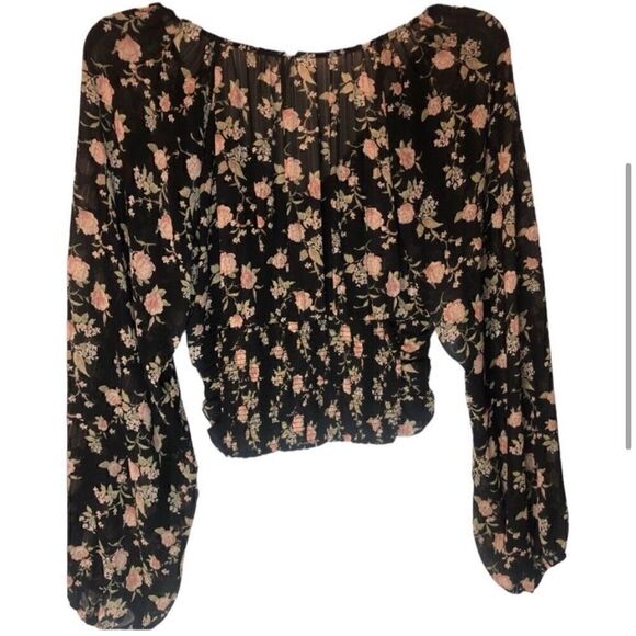 FREE PEOPLE NWT Orange Rust Floral Design V Neckline Long Sleeves Elastic Waist - Picture 2 of 5